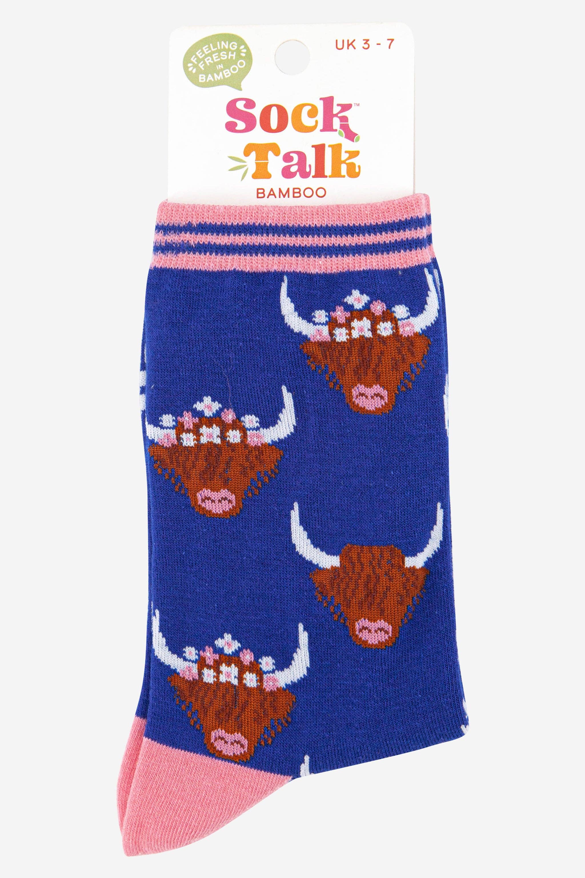 Women's Highland Cow With Floral Crown Bamboo Socks in Blue: UK 3-7 | EU 36-40 - Image 4